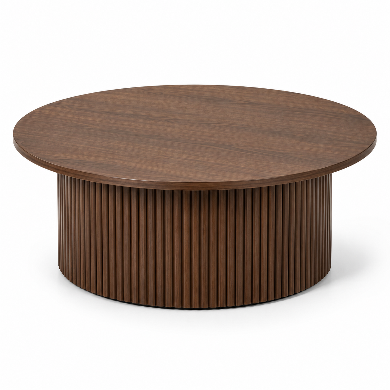 Runder Couchtisch Walnussbraun mit geriffeltem Sockel 80x80x38 cm